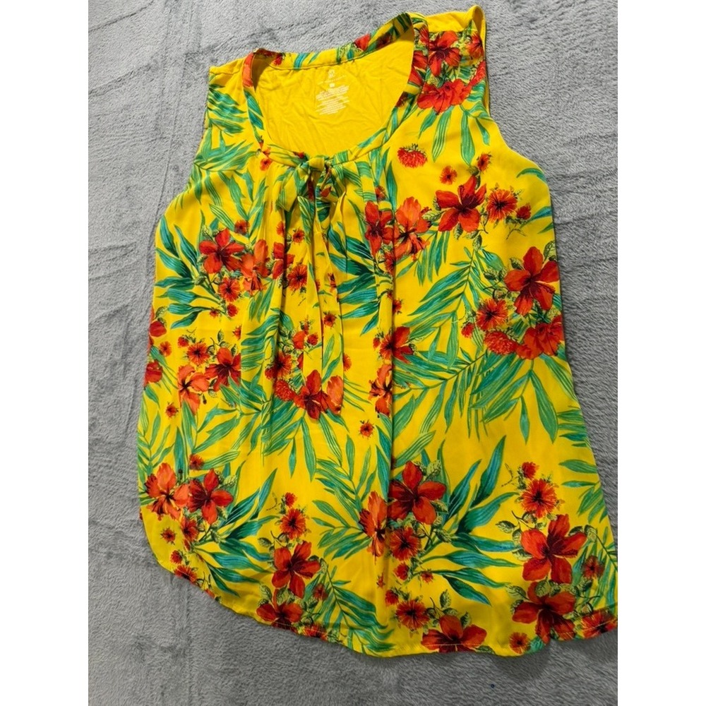 NY&Co Sleeveless Blouse Womens XL Yellow Floral Tropical Tie Neck Lined - Picture 4 of 10